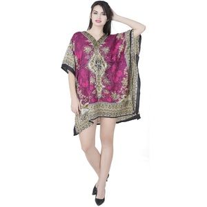 Vintage Printed Dashiki Caftan Festival Boho Tunic Dress Magenta Gold